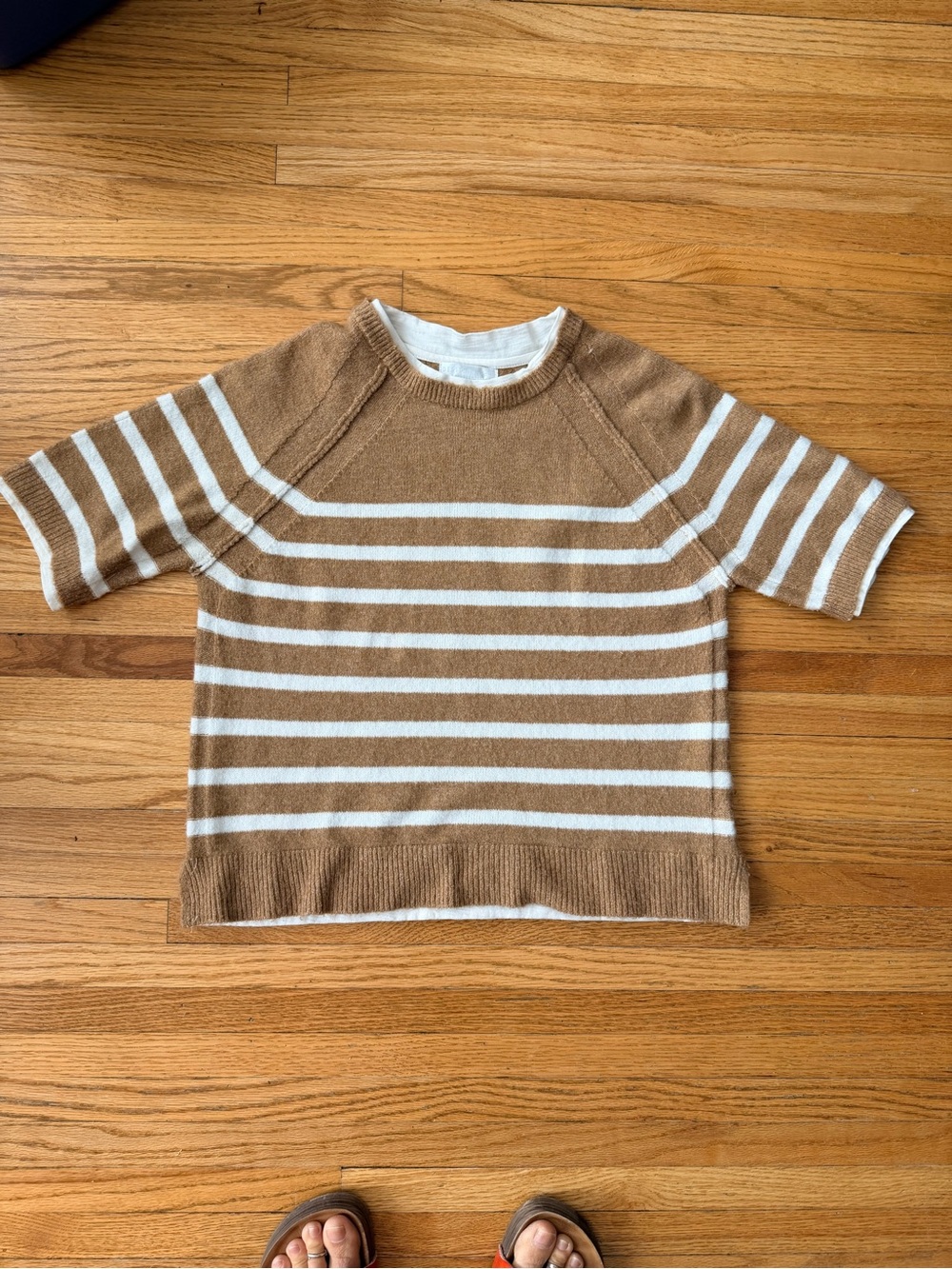 Striped Short-Sleeve Knit Top in Camel and White